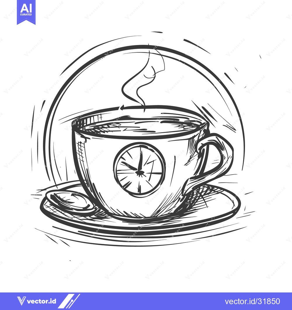 Premium Vector dari A monochrome illustration of a coffee cup with a clock design