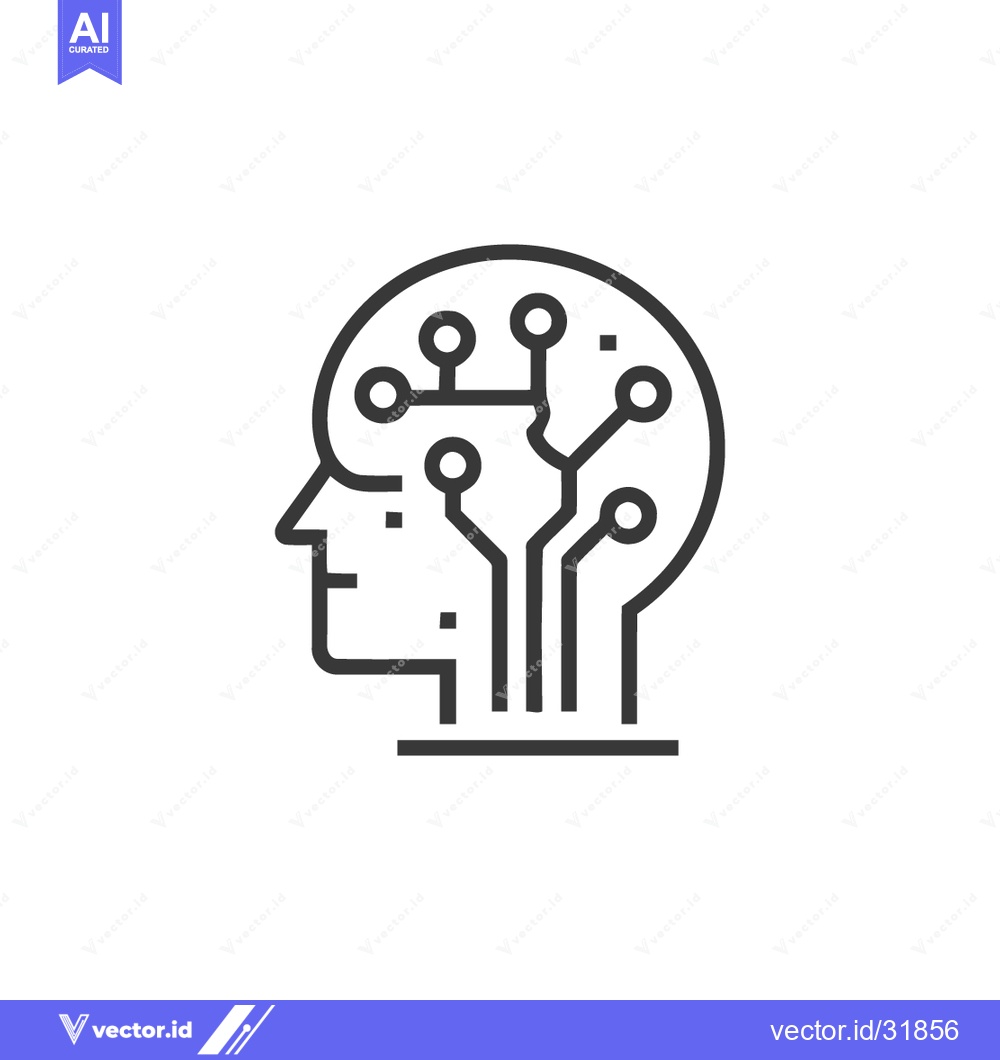 Premium Vector of Minimalist Human Head with Circuit Board Brain, AI Concept, Black Line