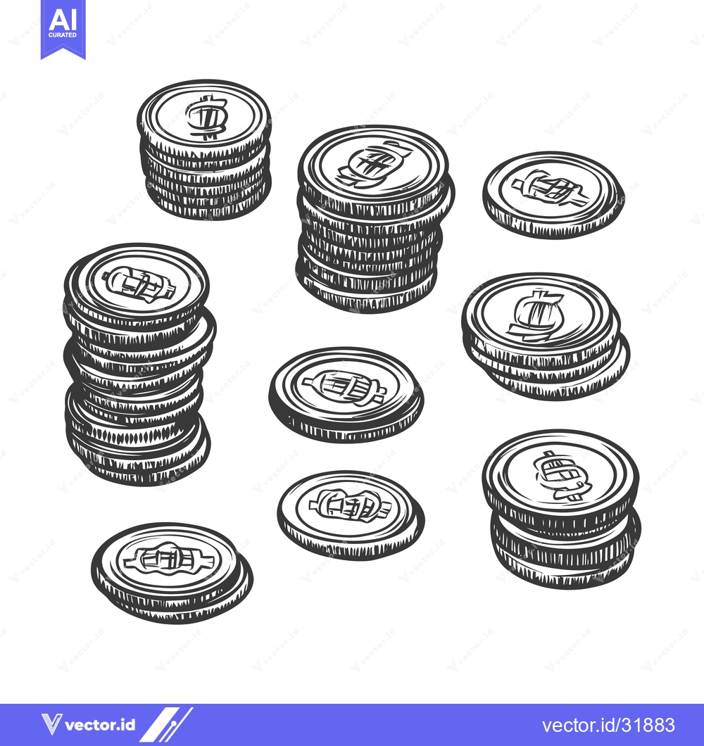 Premium Vector of Various stacks and scattered coins depicted in a grayscale illustratio