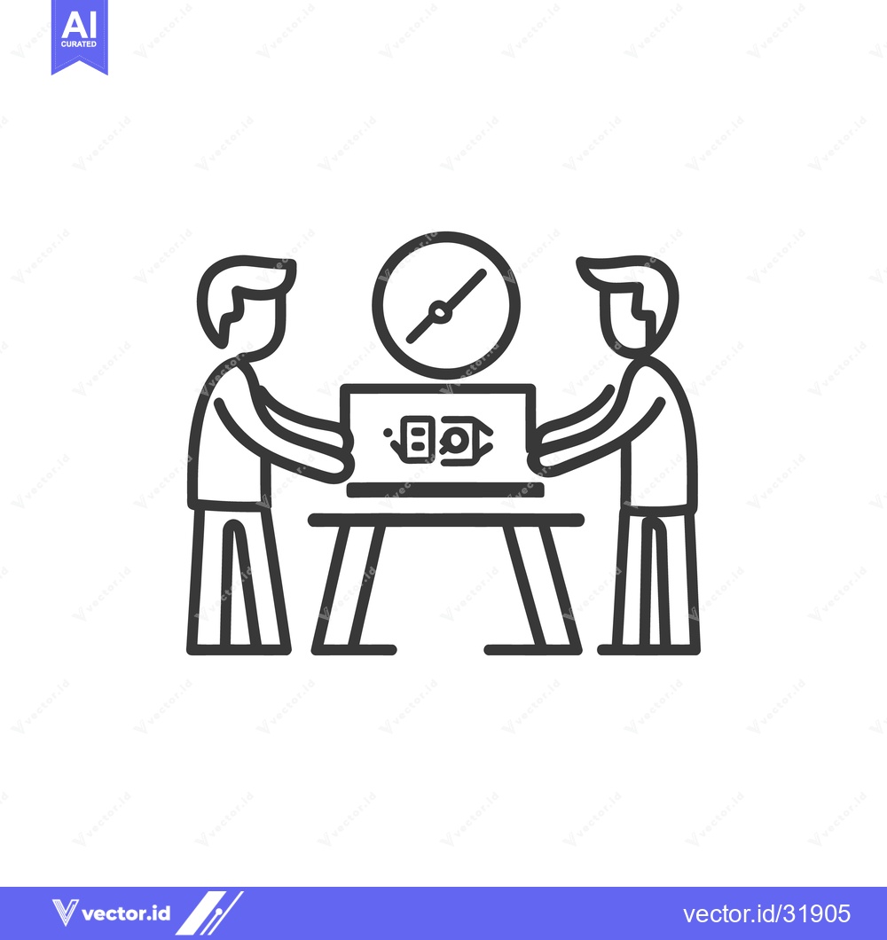 Premium Vector dari Two figures collaborate while working at a desk with a laptop