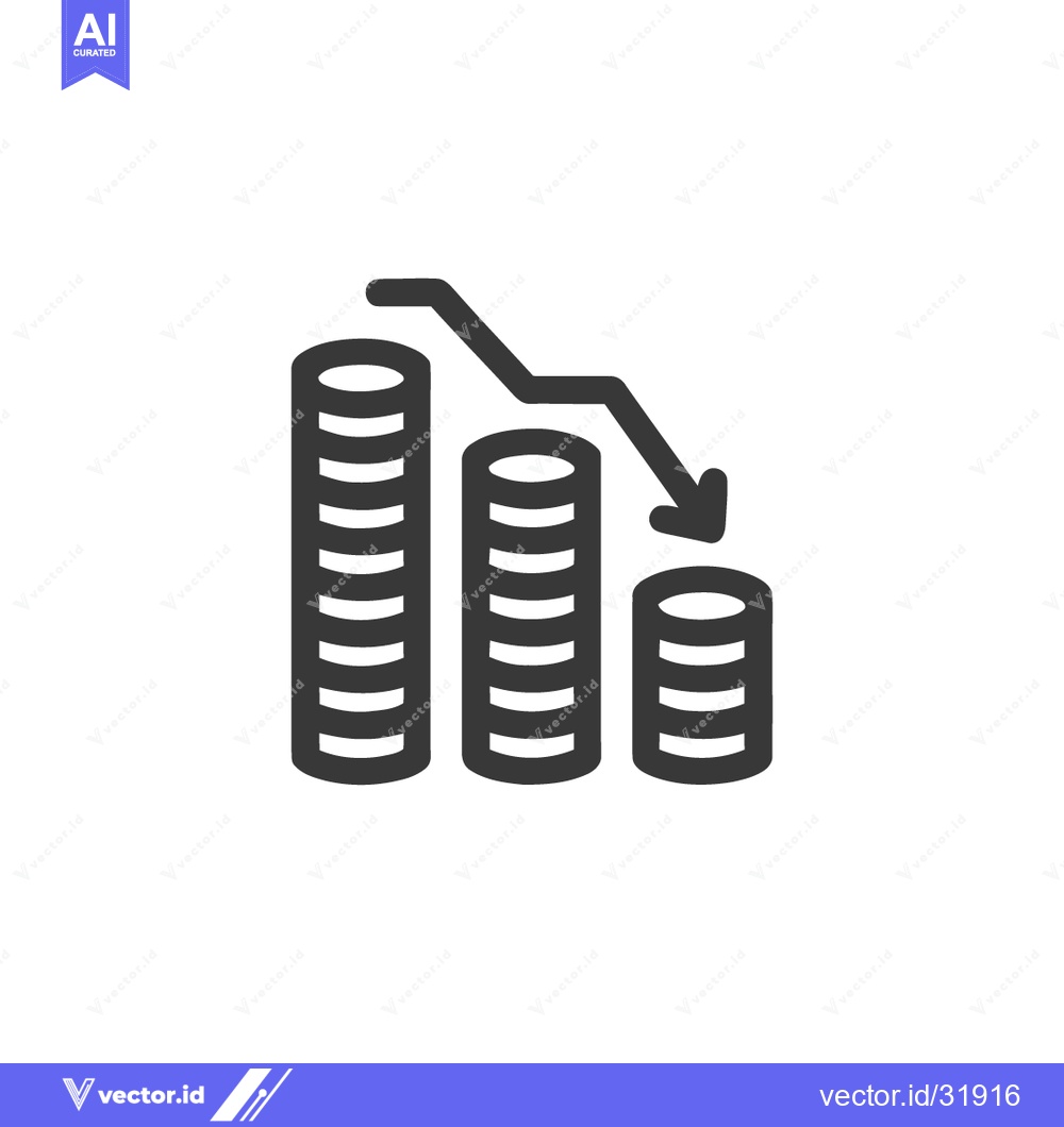 Premium Vector dari Declining Coin Stacks with Arrow: Financial Loss Icon in Black and Whi