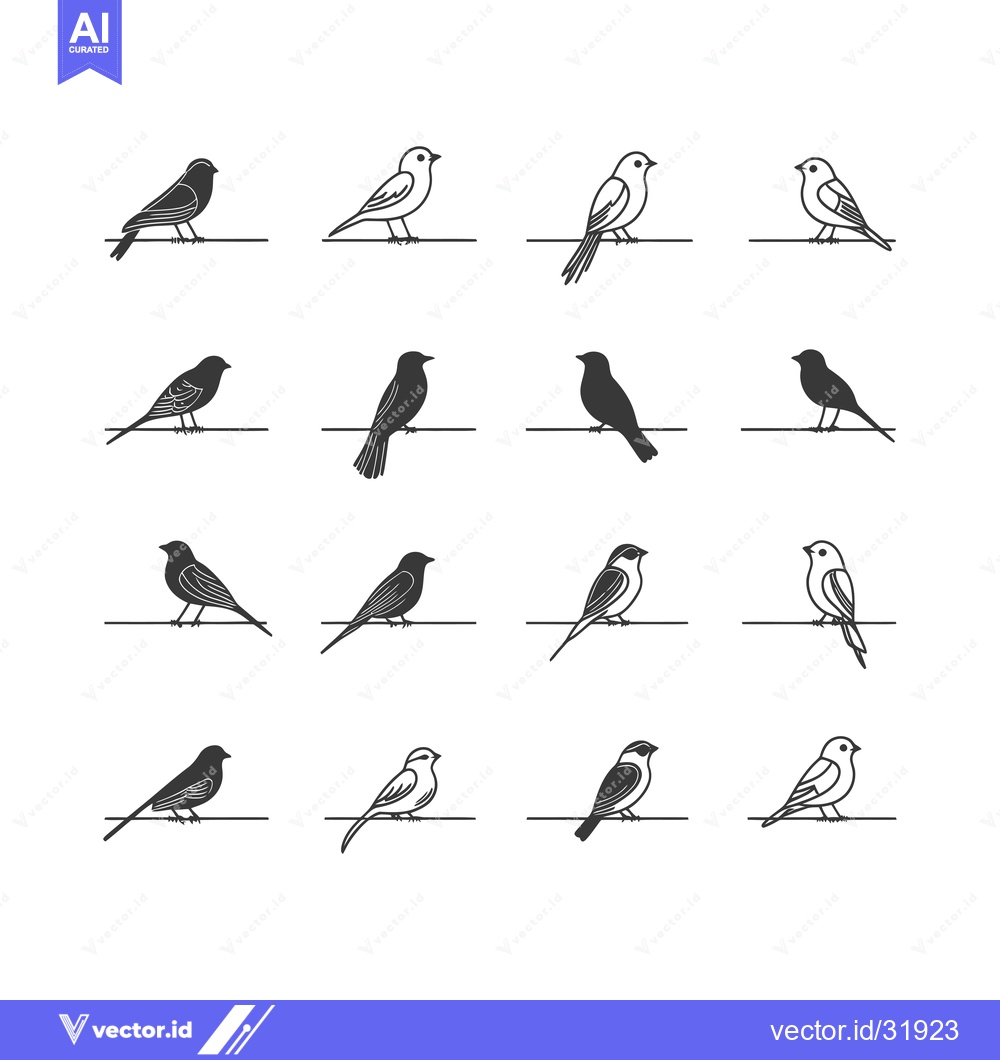 Premium Vector dari Collection of 12 Bird Silhouettes Perched on a Wire