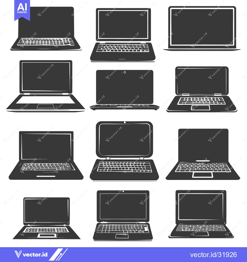 Premium Vector of Collection of 12 black and white laptop silhouettes