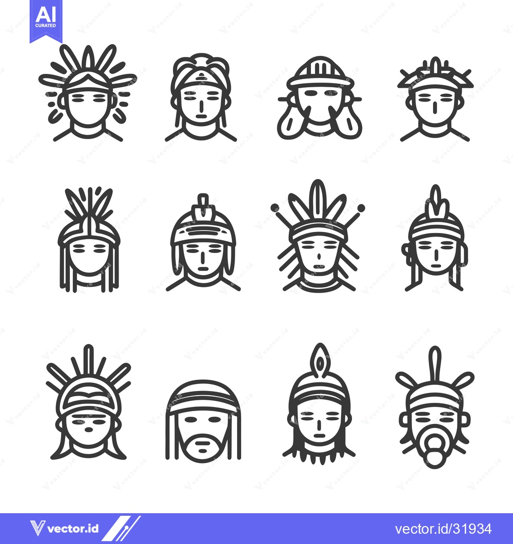 Premium Vector dari Collection of 12 Line Art Illustrations Depicting Native American Head