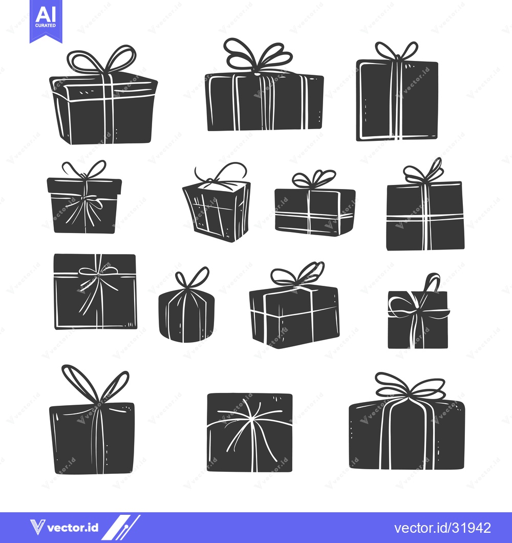 Premium Vector dari Collection of 13 Hand-Drawn Black and White Gift Boxes with Ribbons
