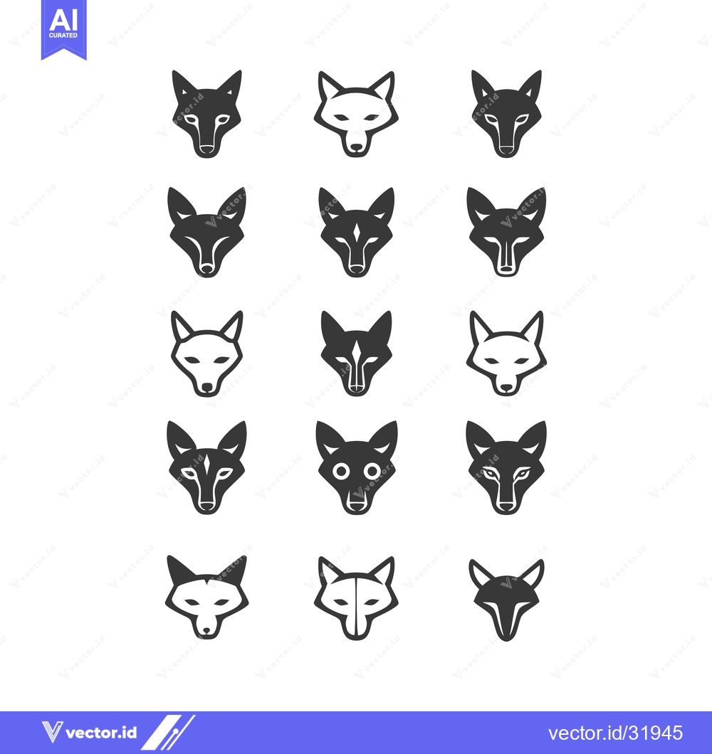Premium Vector dari Collection of 15 Black and White Stylized Fox Head Icons