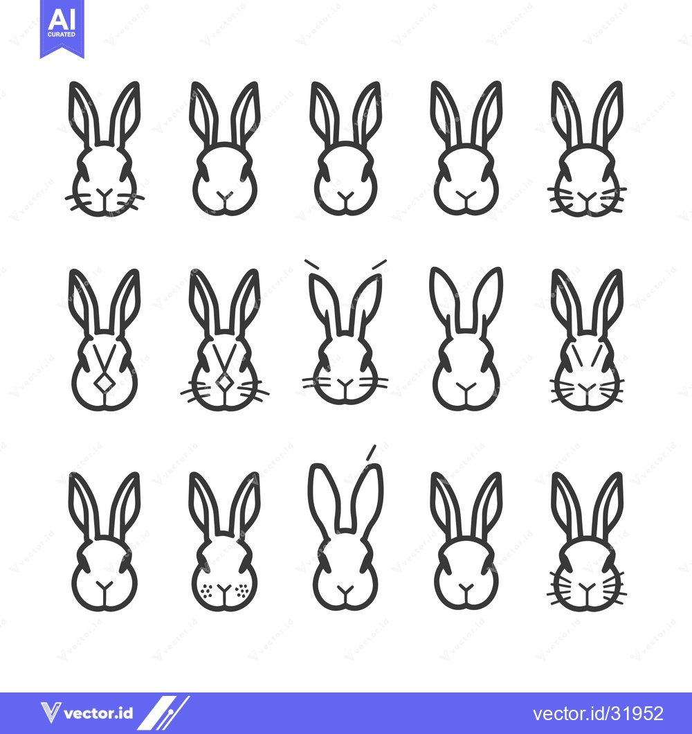 Premium Vector dari Collection of 15 Outline Rabbit Head Illustrations with Different Faci