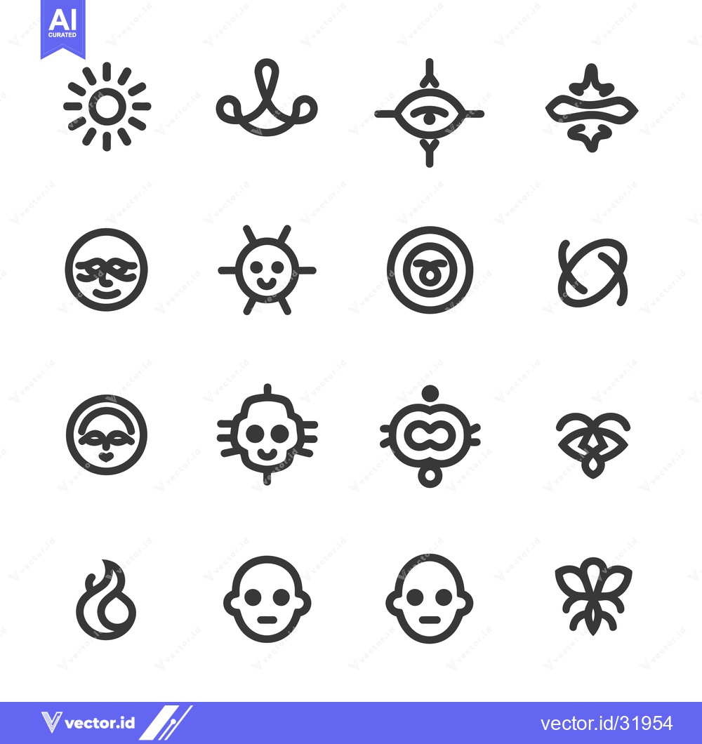 Premium Vector dari Collection of 16 Abstract Linear Icons with Faces, Sun, and Other Symb