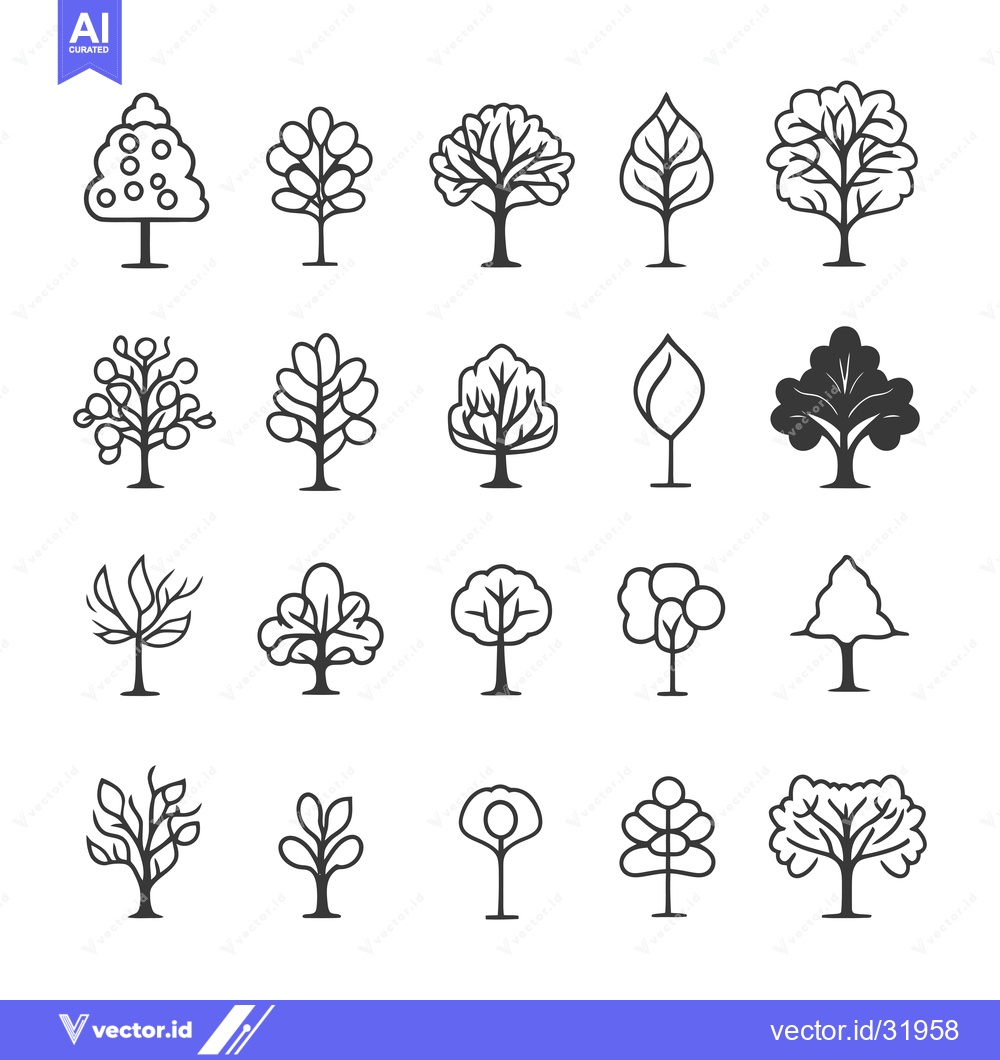 Premium Vector dari Collection of 16 Black and White Outline Tree Icons
