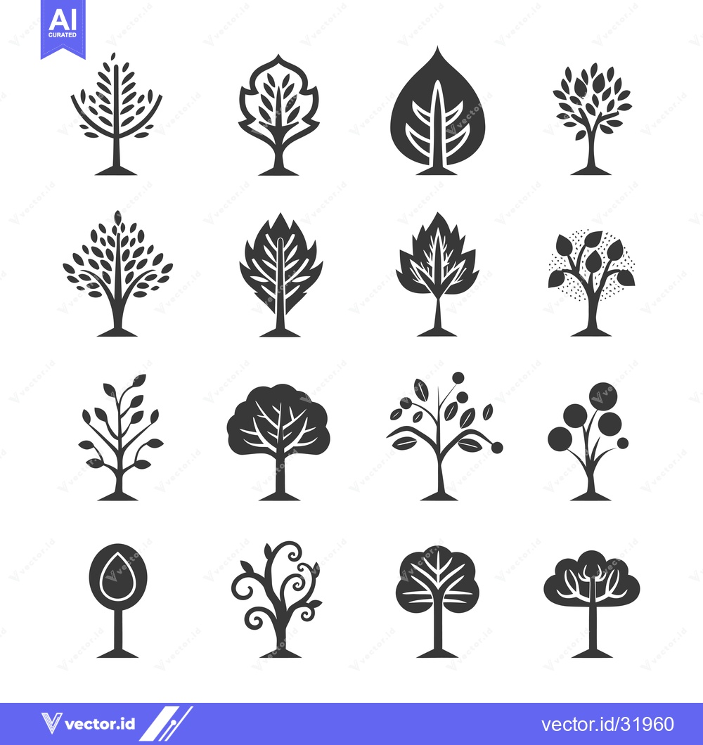 Premium Vector of Collection of 16 Black and White Stylized Tree Icons