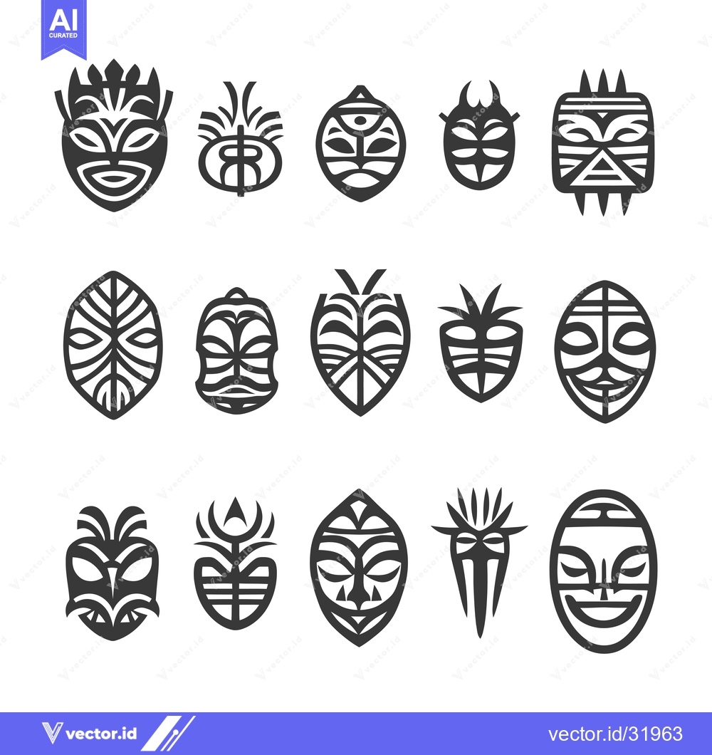 Premium Vector of Collection of 16 Black and White Tribal Mask Icons