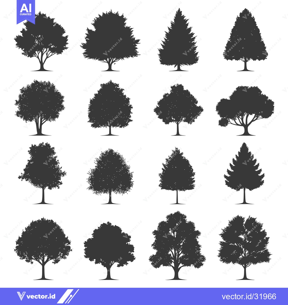 Premium Vector dari Collection of 16 Detailed Black Silhouettes of Various Trees