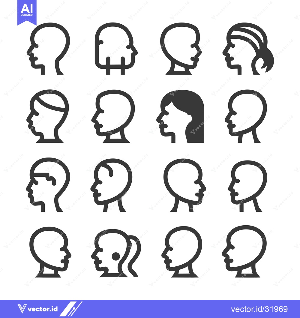 Premium Vector of Collection of 16 Diverse Human Head Icons in Profile View