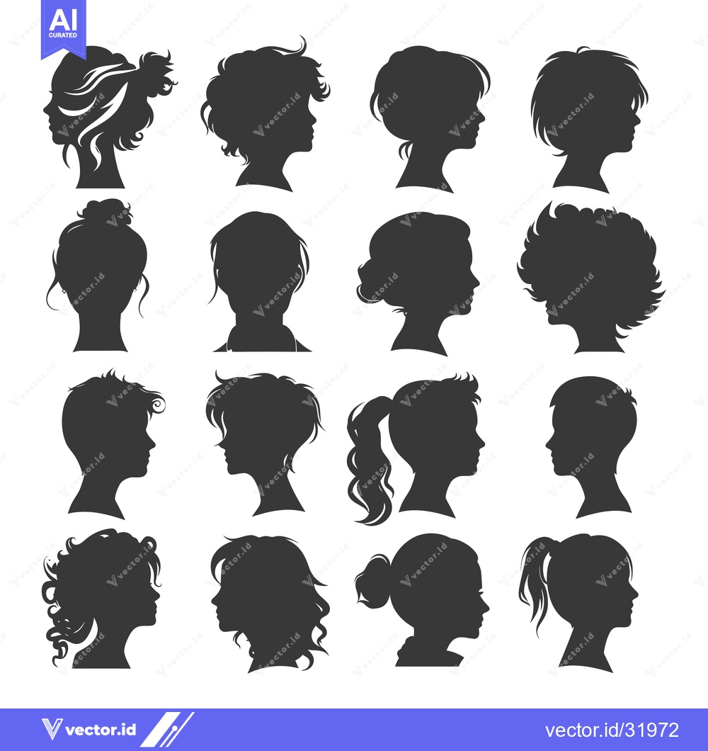 Premium Vector of Collection of 16 Female Silhouettes with Different Hairstyles
