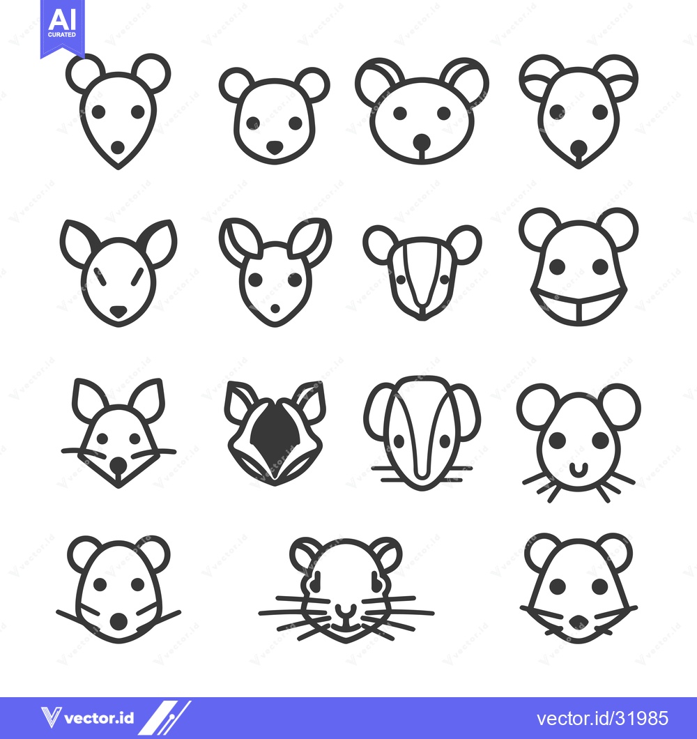 Premium Vector of Collection of 16 Mouse Head Icons in Line Art Style