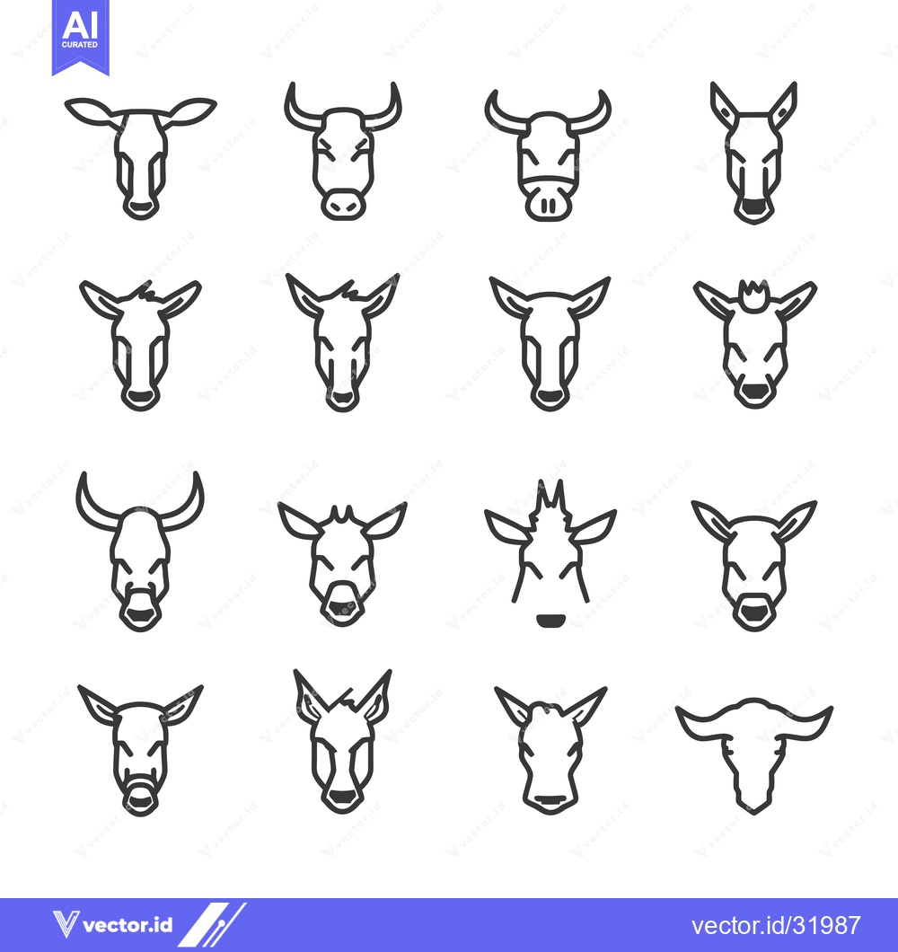 Premium Vector of Collection of 16 Outline Cow and Deer Head Icons