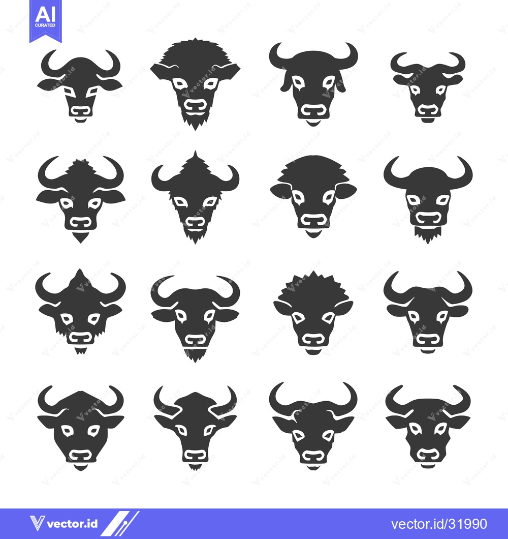 Premium Vector dari Collection of 16 Silhouette Bull and Buffalo Head Icons