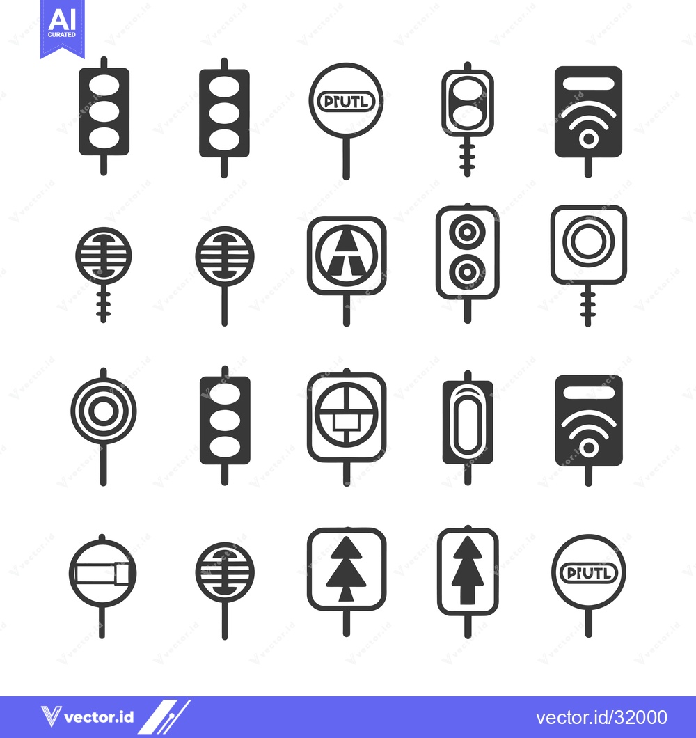 Premium Vector of Collection of 18 Black and White Traffic Signs and Signals