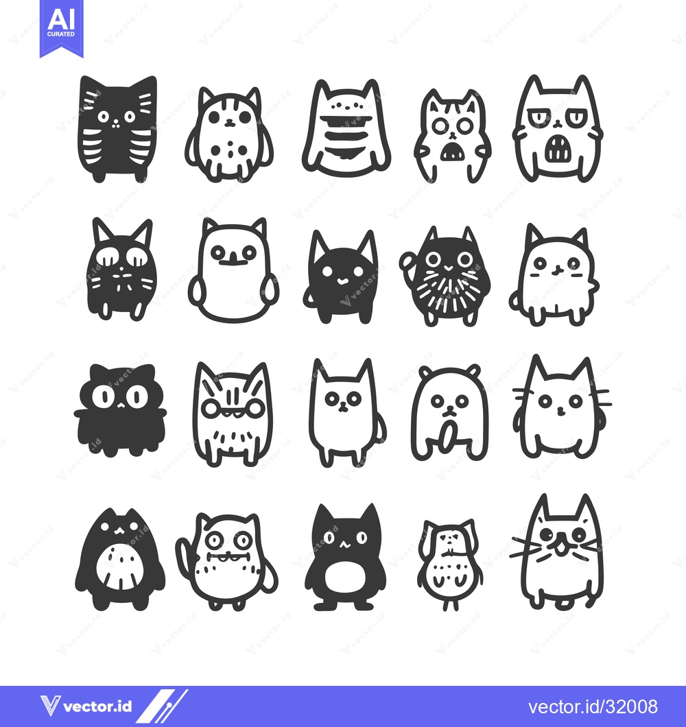 Premium Vector dari Collection of 20 Adorable Hand-Drawn Cartoon Cats with Different Expre