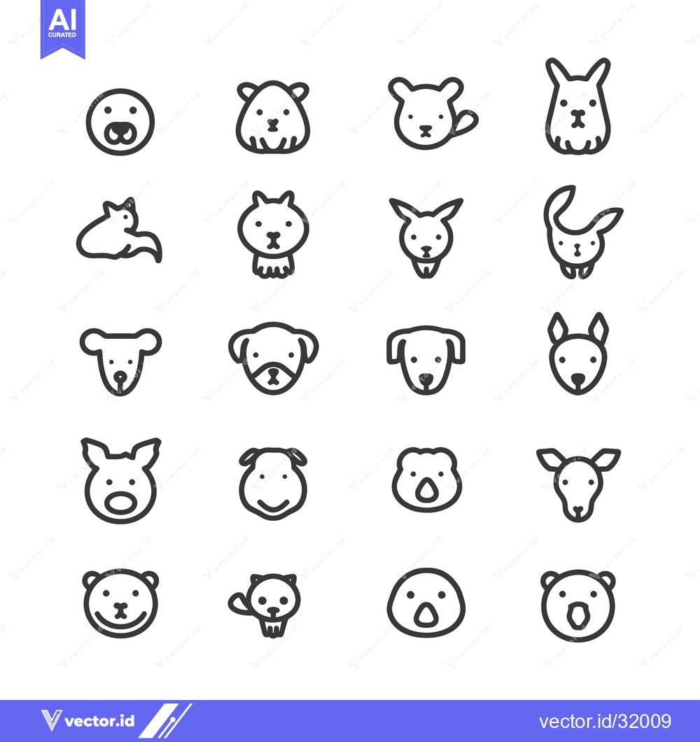 Premium Vector dari Collection of 20 Animal Face Icons in Line Style
