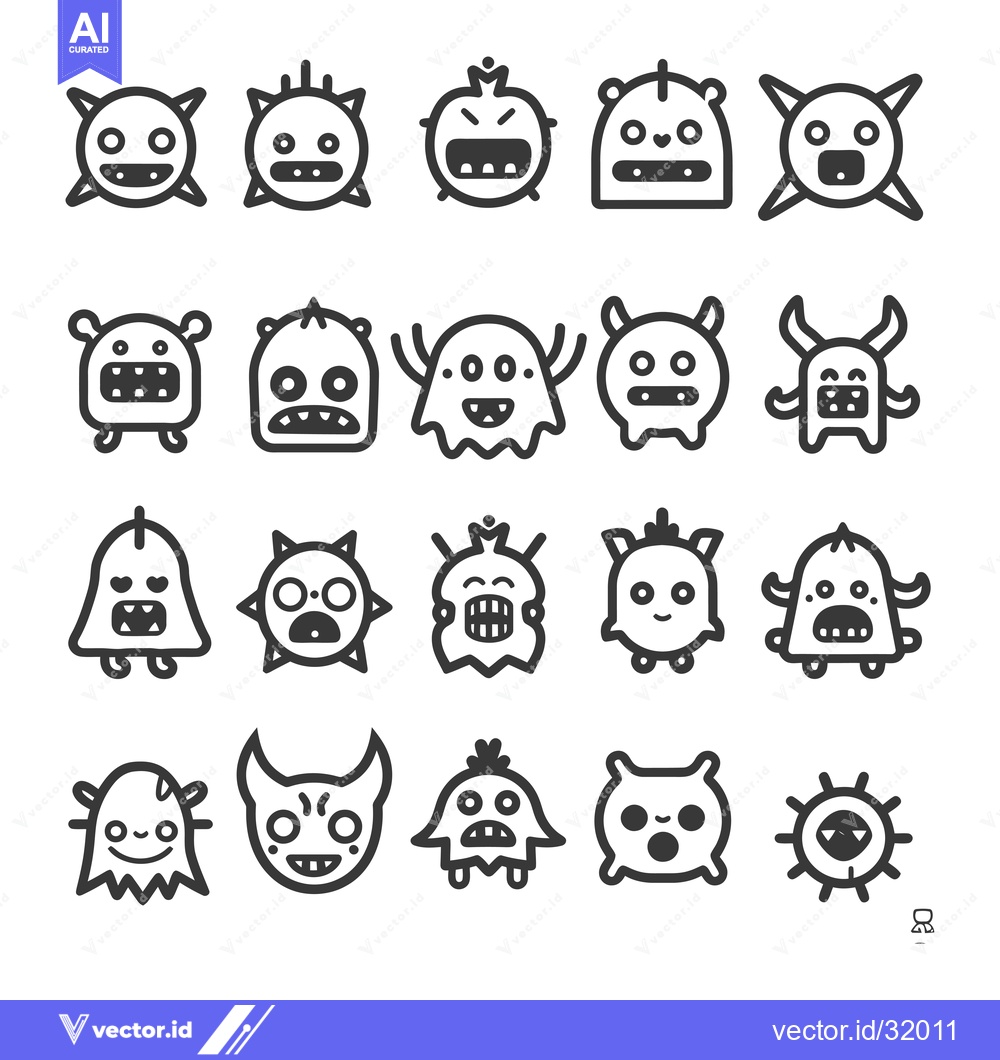 Premium Vector dari Collection of 20 Black and White Cartoon Monsters with Various Express