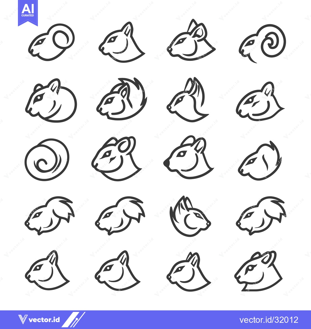 Premium Vector dari Collection of 20 Black and White Line Art Ram Heads
