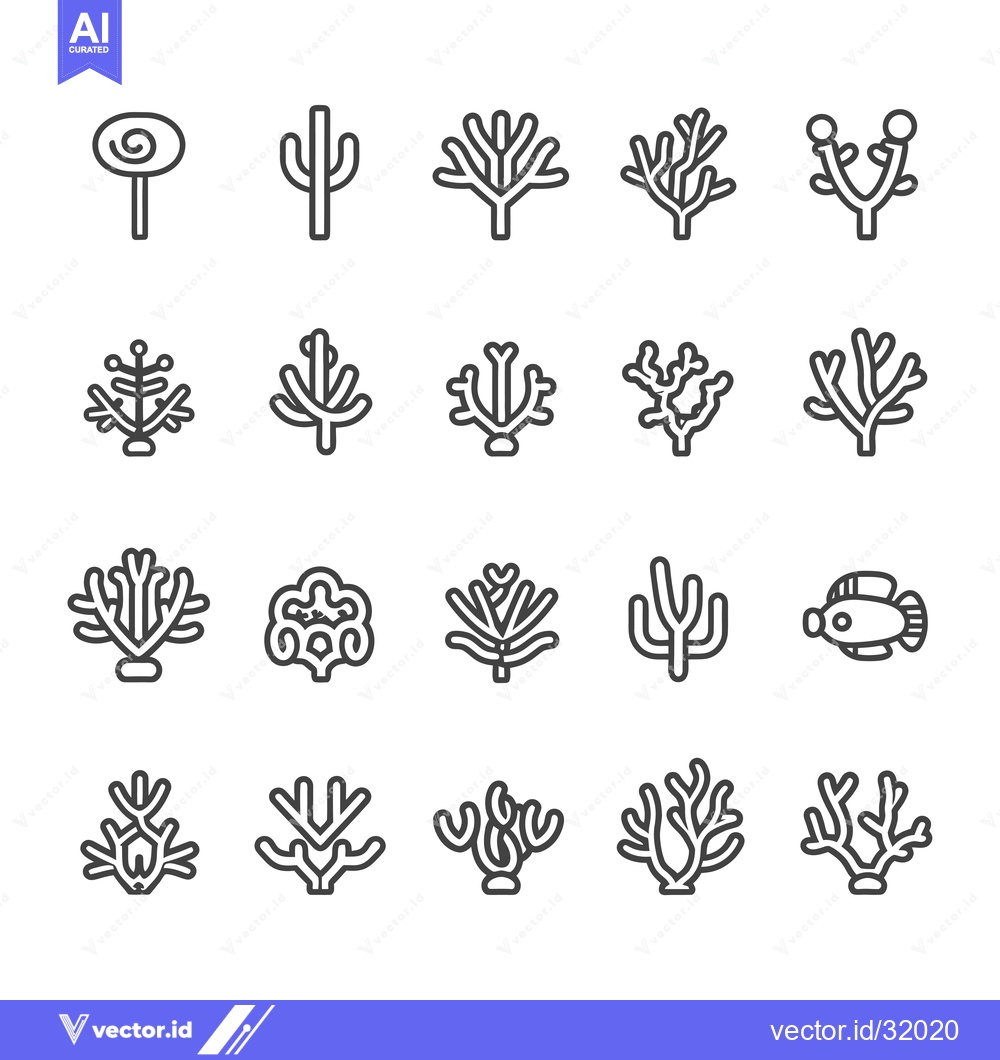 Premium Vector dari Collection of 20 Black Line Outline Coral Reef Icons