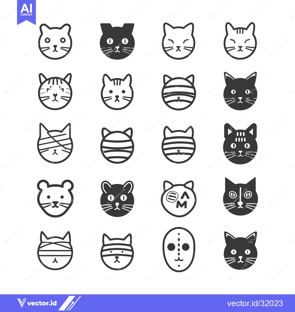 Premium Vector of Collection of 20 Cute and Diverse Cat Face Illustrations