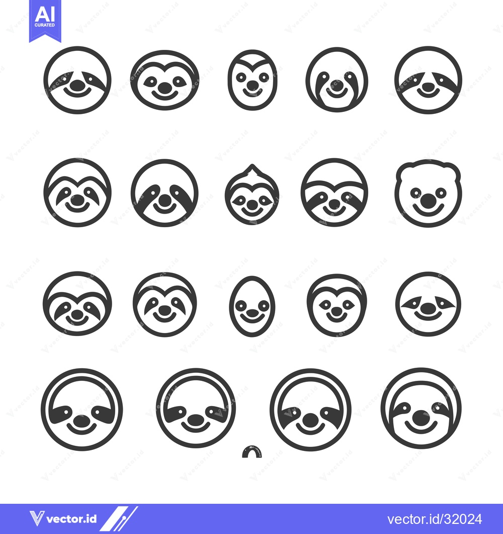 Premium Vector of Collection of 20 Cute and Diverse Sloth Faces