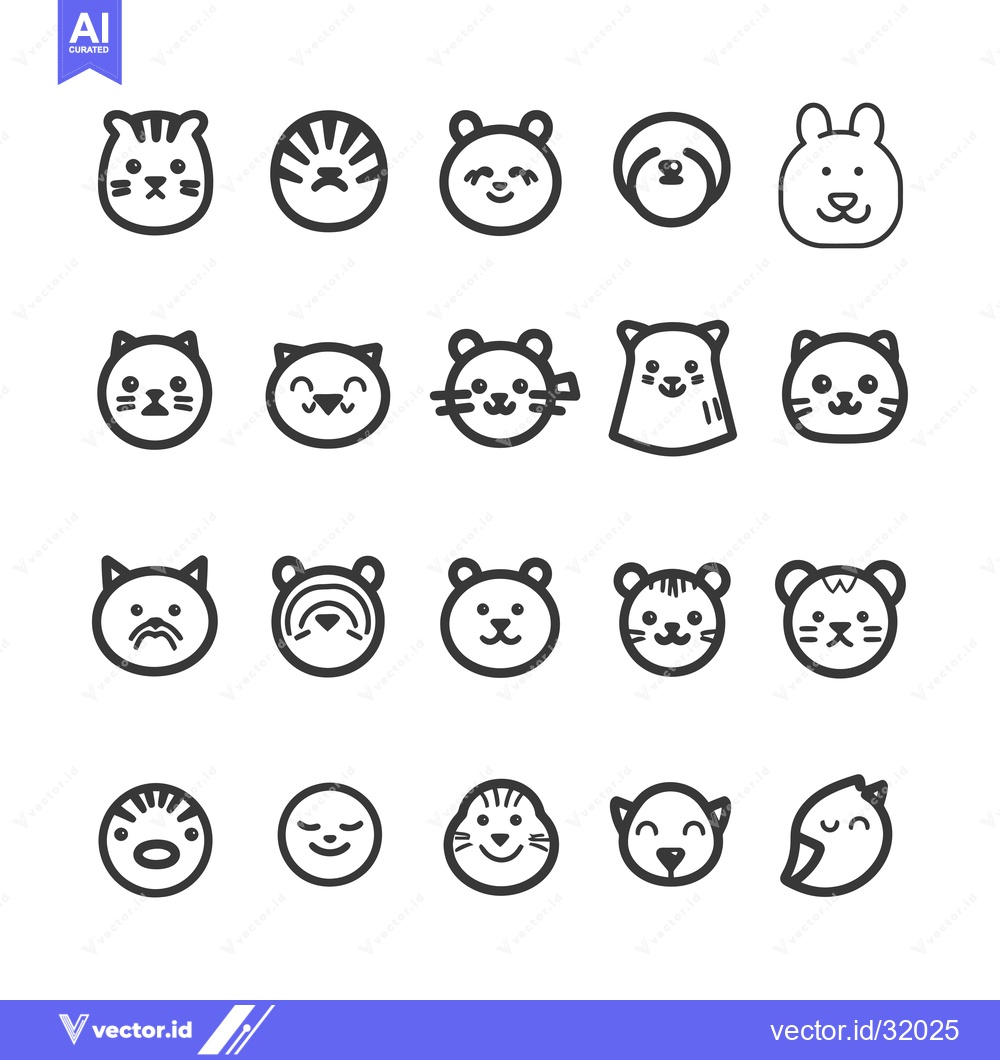 Premium Vector of Collection of 20 Cute Animal Face Icons in Black and White