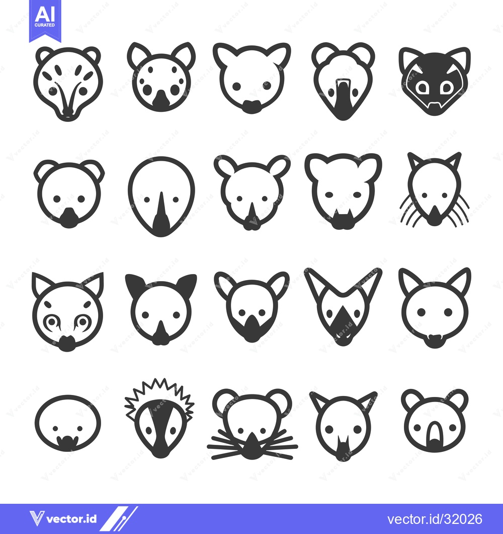 Premium Vector dari Collection of 20 Cute Animal Head Icons in Black and White