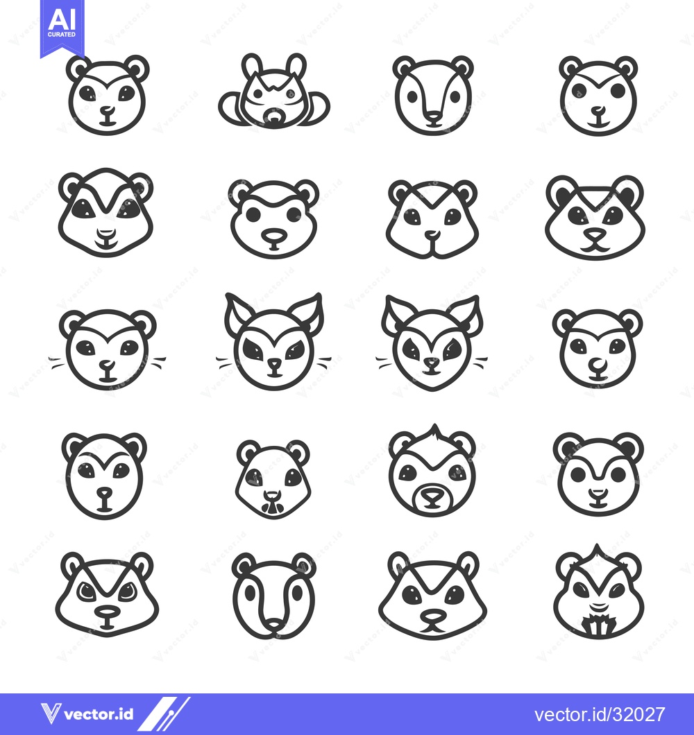Premium Vector dari Collection of 20 Cute Cartoon Squirrel Faces in Black and White Line A