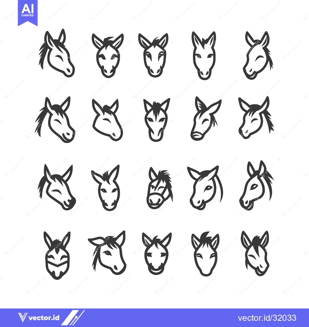 Premium Vector dari Collection of 20 Donkey Head Icons in Black Outline Style