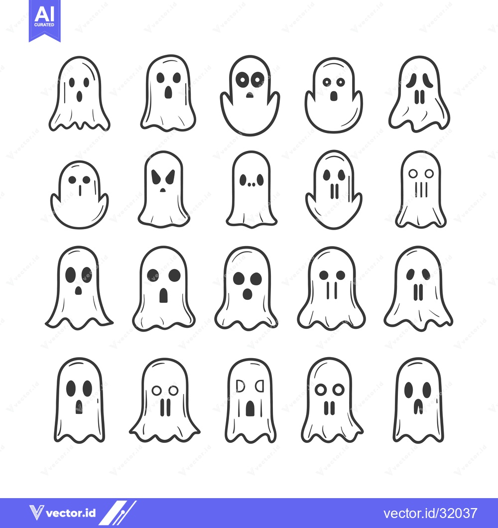 Premium Vector dari Collection of 20 Hand-Drawn Ghost Illustrations with Different Express