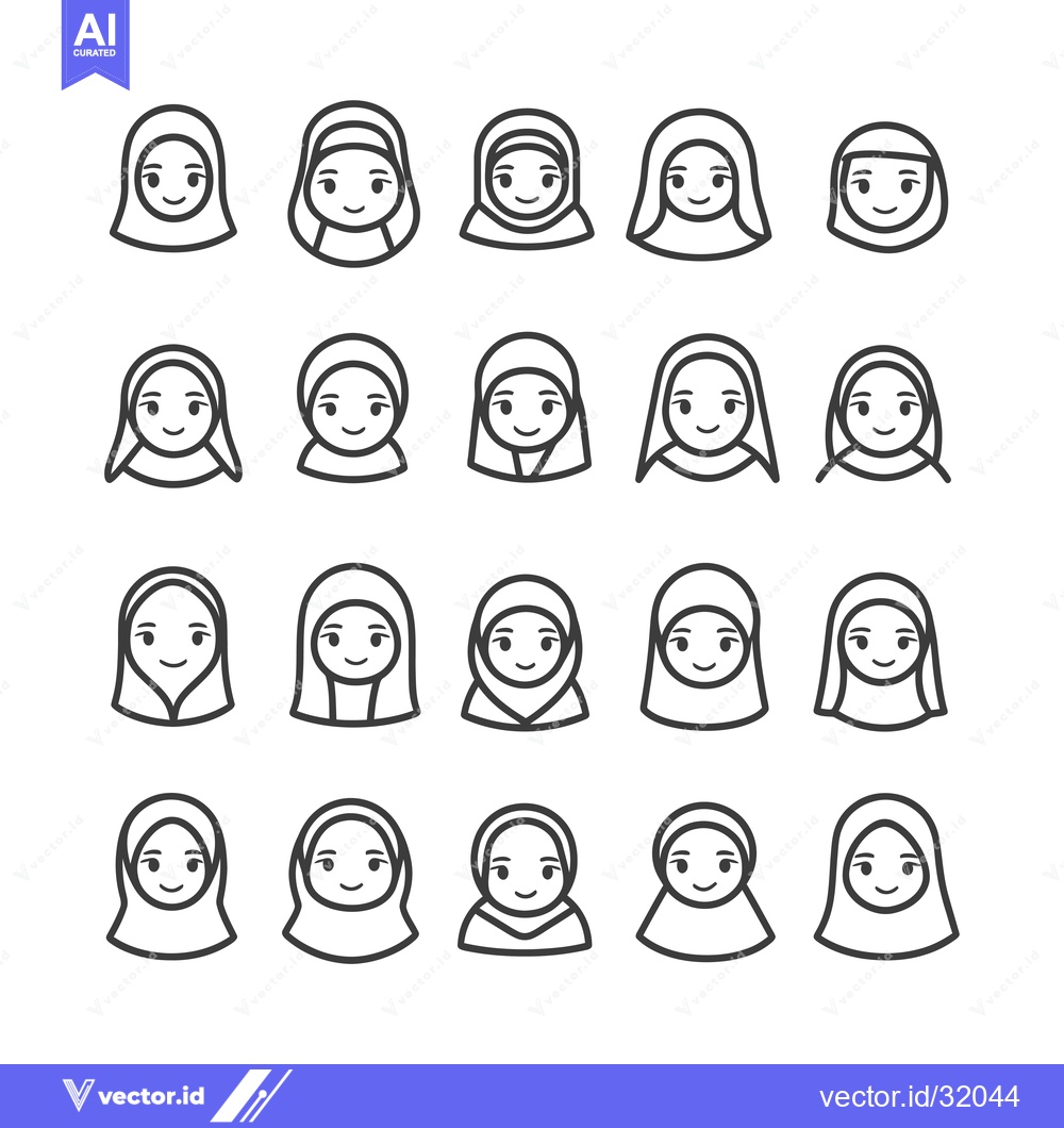Premium Vector dari Collection of 20 Line Art Illustrations of Women Wearing Hijabs