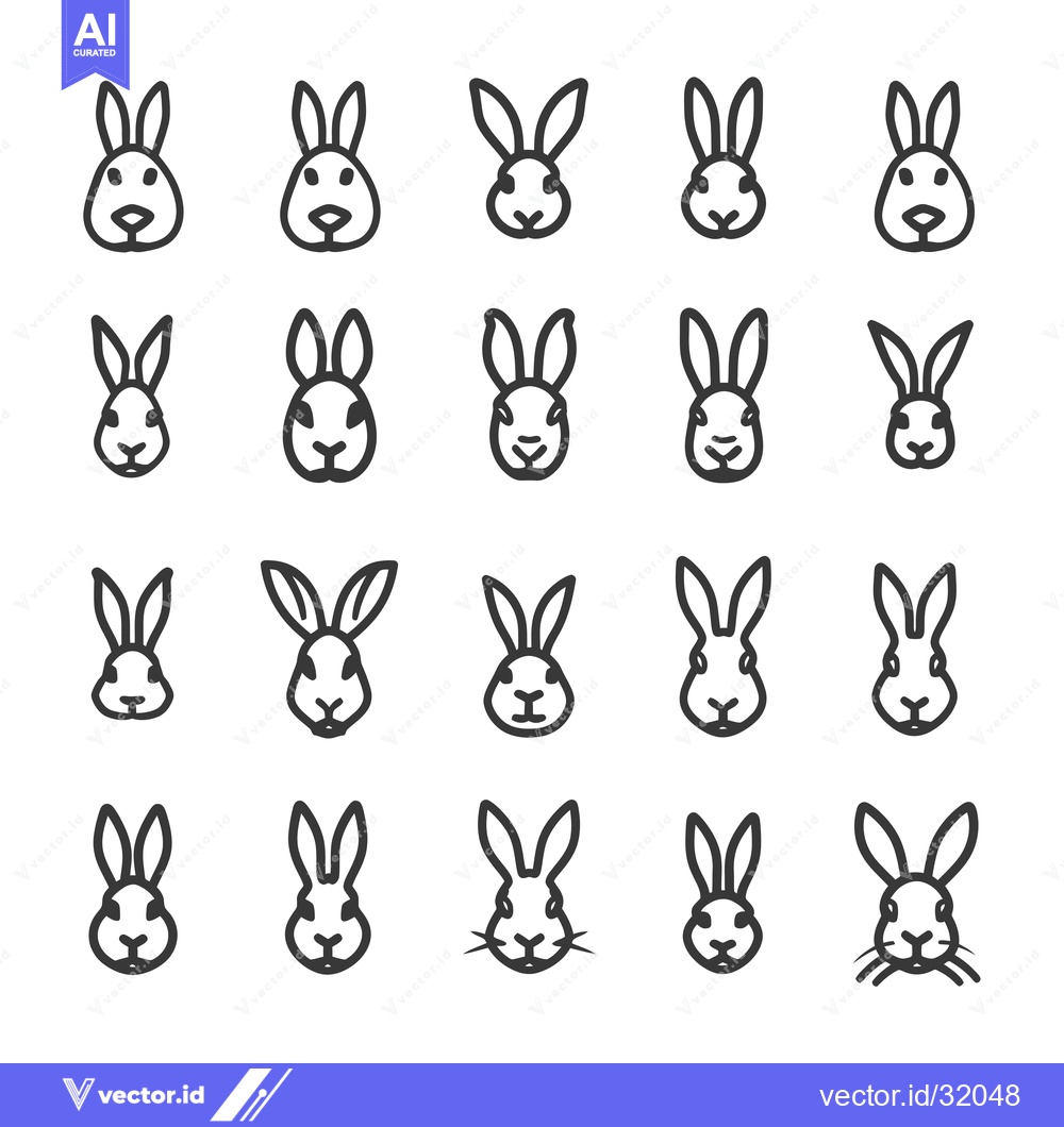 Premium Vector dari Collection of 20 Line Art Rabbit Faces with Variations in Features