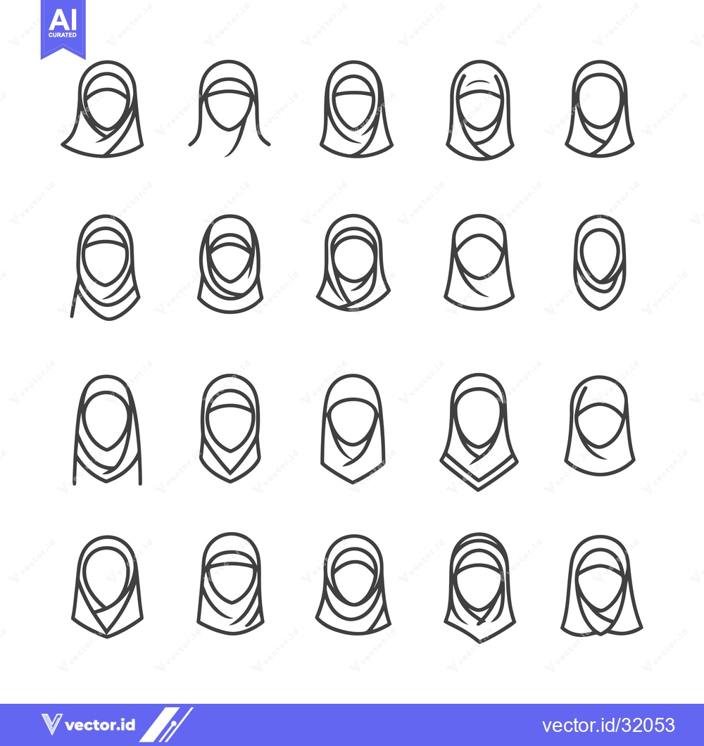 Premium Vector dari Collection of 20 Line Drawings of Women Wearing Hijabs