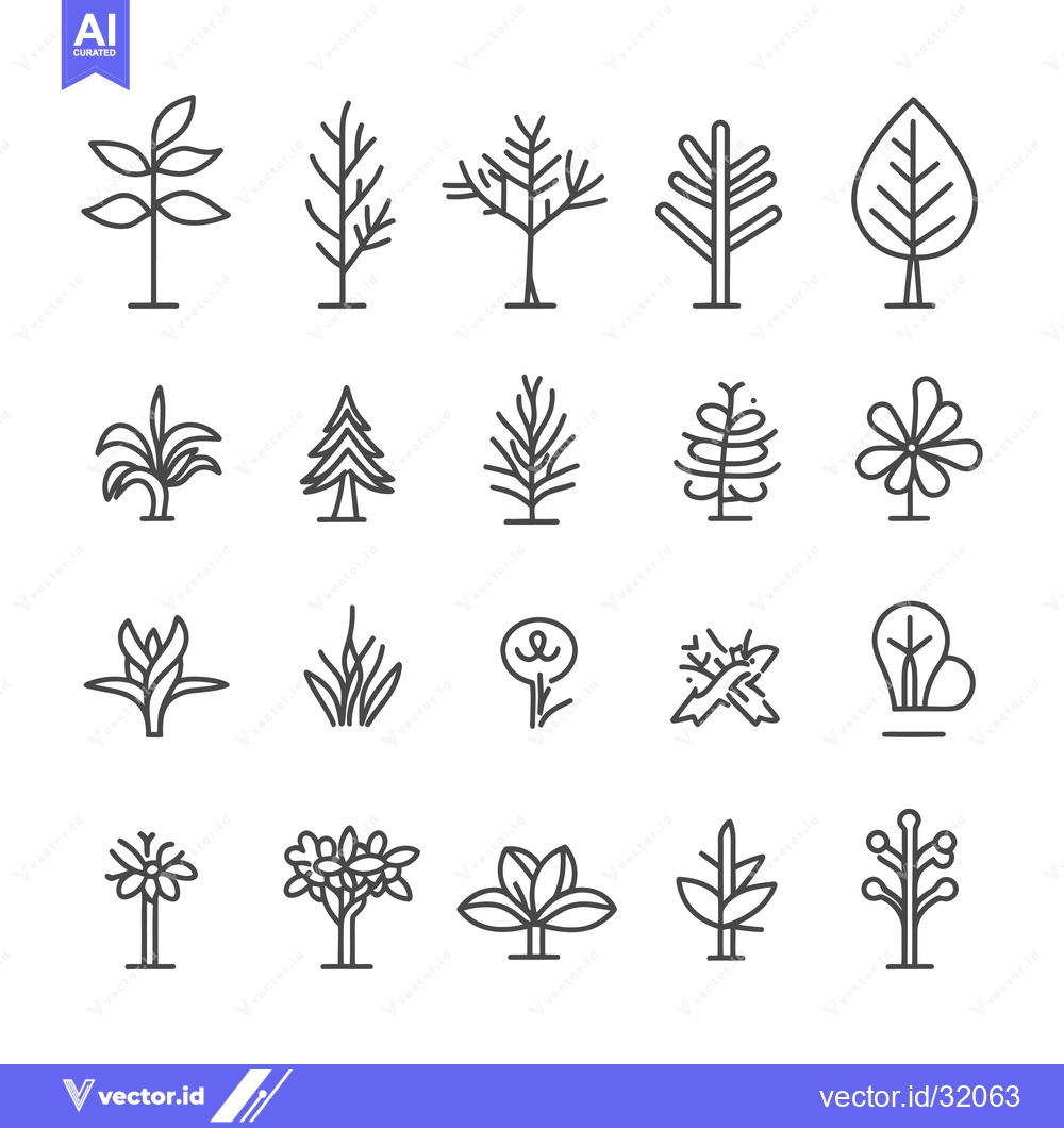 Premium Vector dari Collection of 20 Outline Drawings of Different Tree and Plant Types