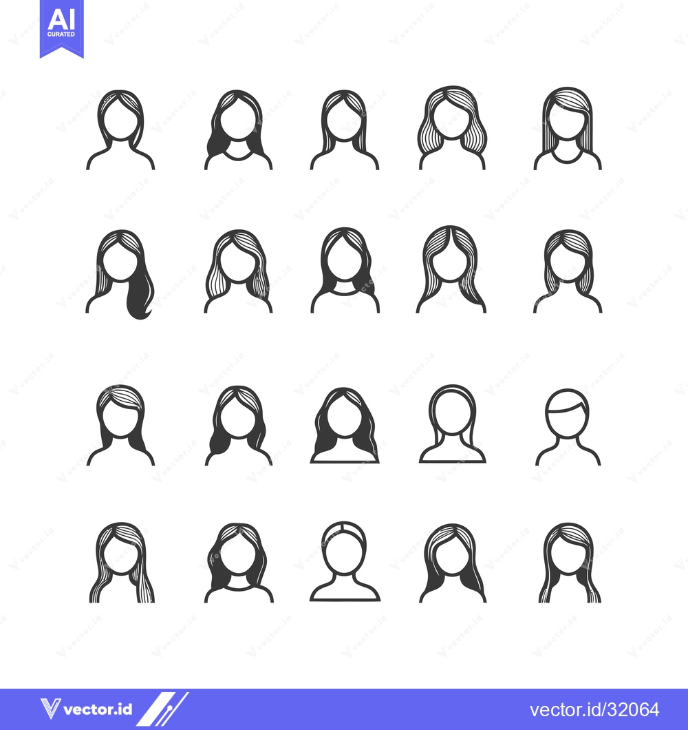 Premium Vector of Collection of 20 Outline Female Avatar Icons with Various Hairstyles