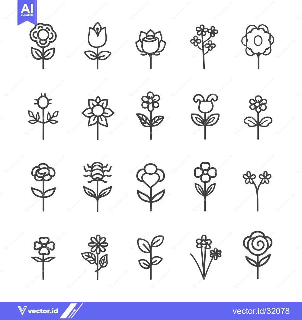 Premium Vector dari Collection of 20 Simple Line Drawings of Different Flower Varieties