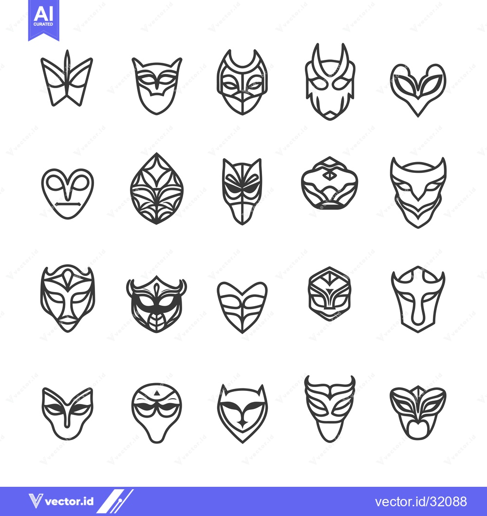 Premium Vector of Collection of 20 Unique Mask Designs in Outline Style