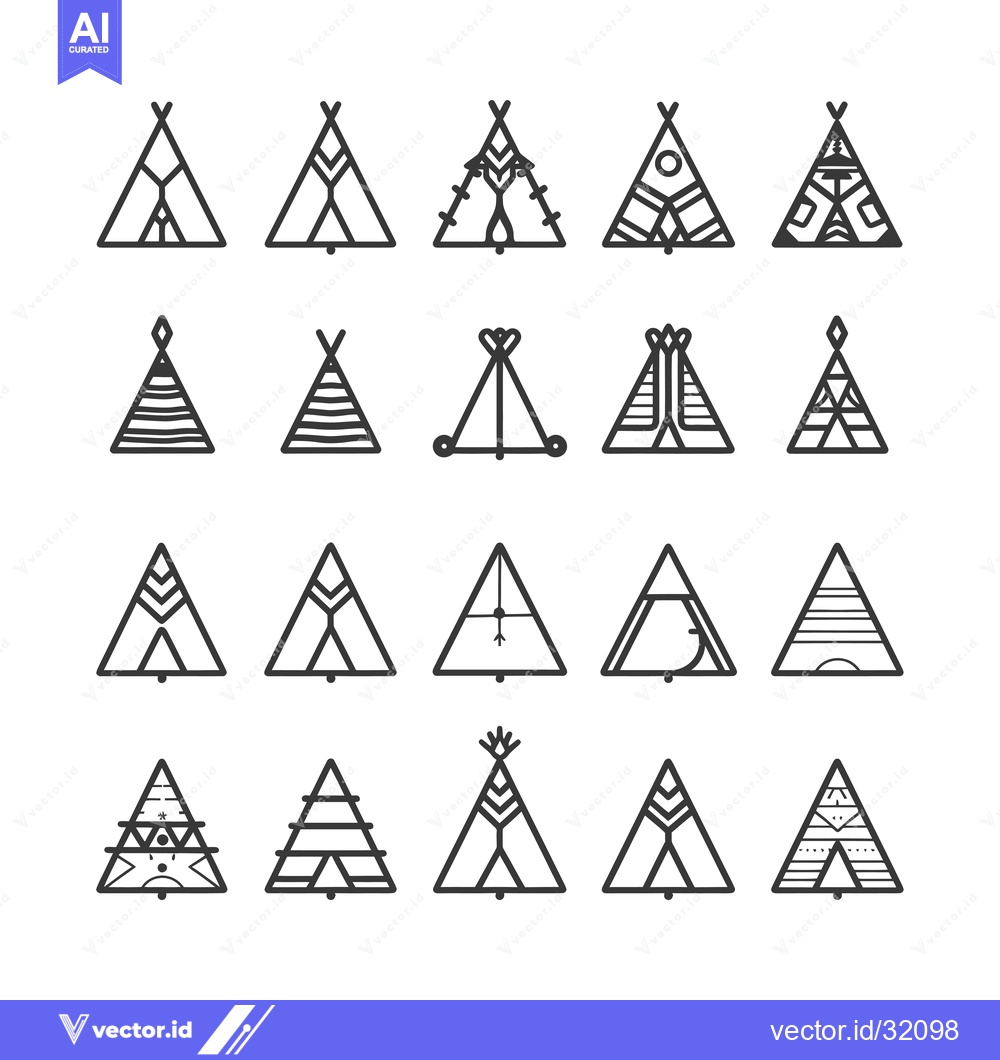 Premium Vector dari Collection of 24 Line Art Illustrations of Teepees with Various Design