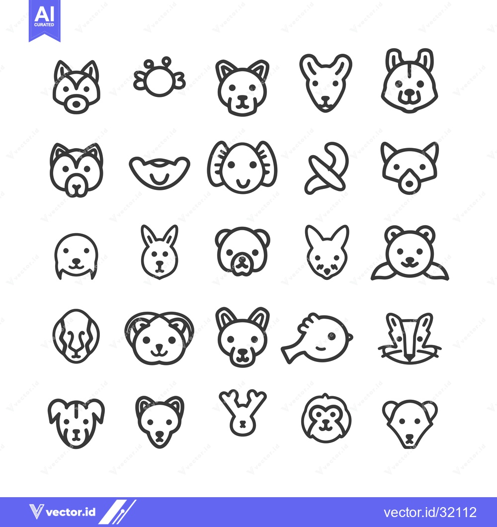 Premium Vector dari Collection of 25 Animal Head Icons in Line Art Style