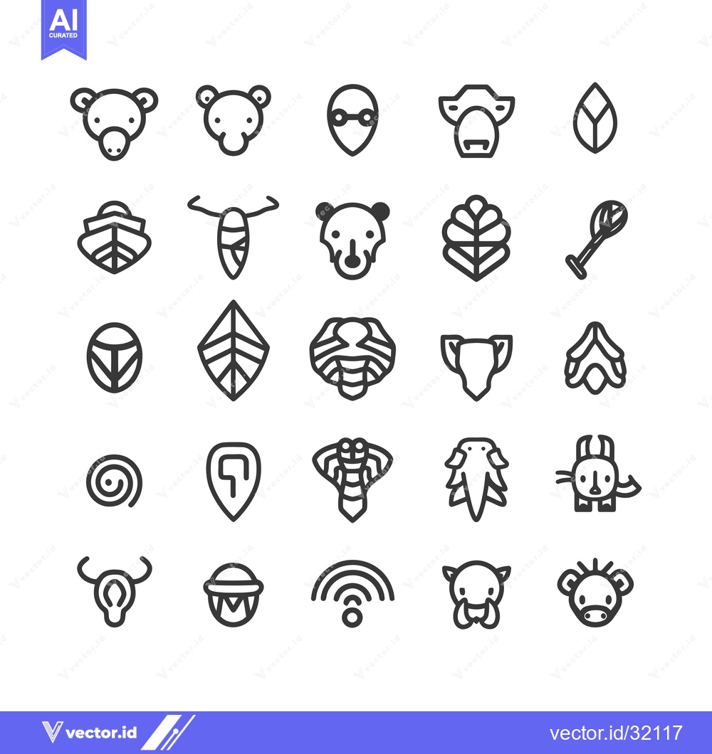 Premium Vector dari Collection of 25 Black and White Line Art Animal Icons
