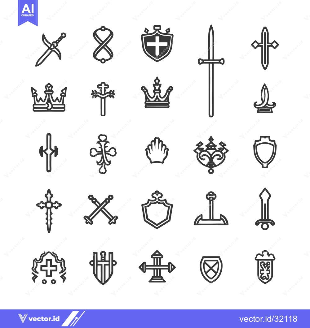 Premium Vector of Collection of 25 Black and White Line Art Heraldic and Medieval Symbol
