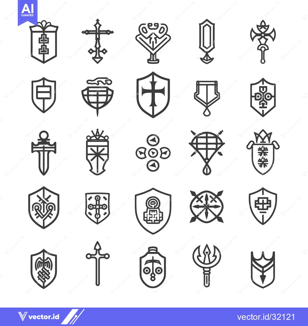 Premium Vector of Collection of 25 Black and White Outline Heraldic Shields and Weapons