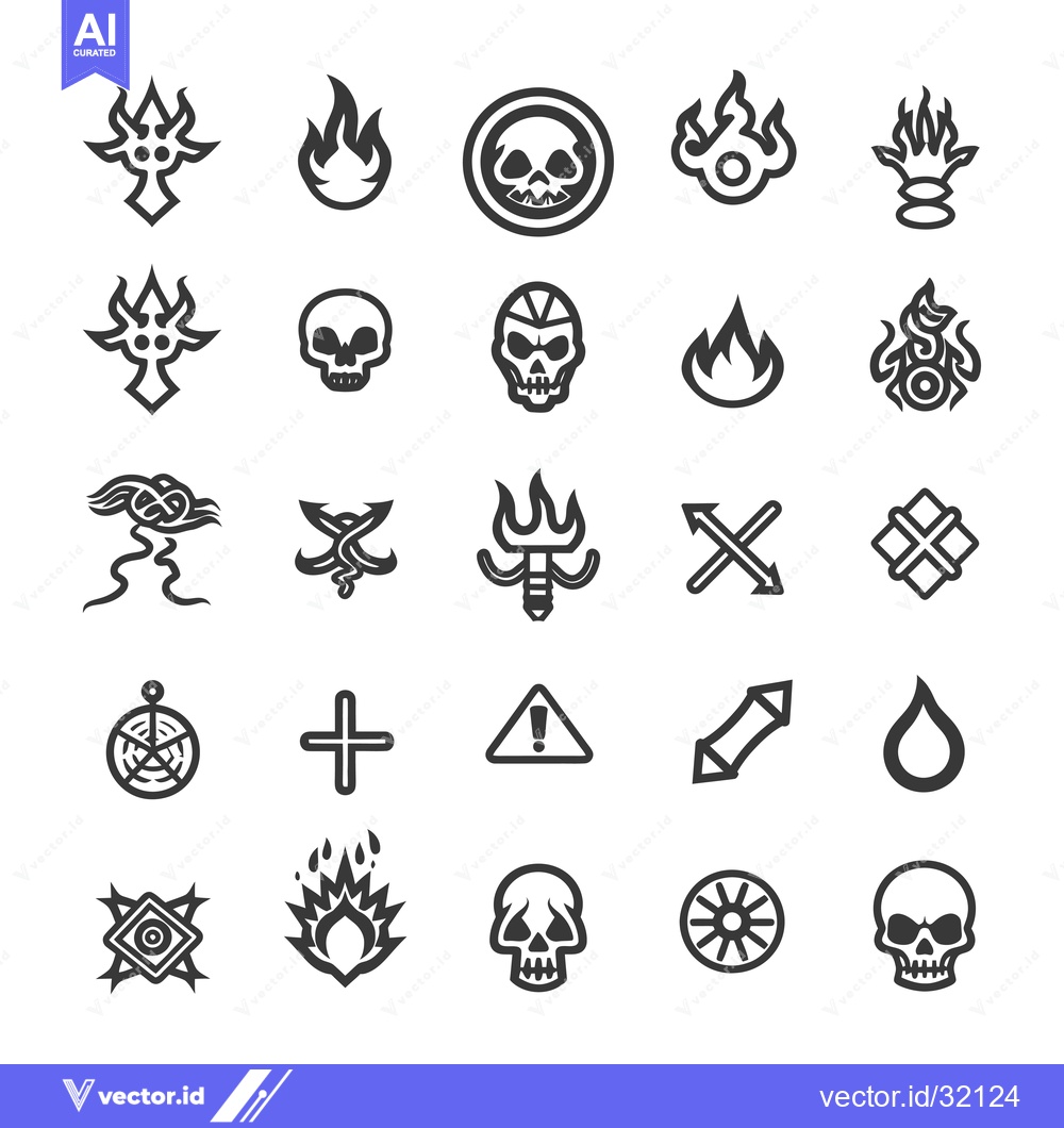 Premium Vector of Collection of 25 Black and White Tribal, Skull, Fire and Cross Icon De