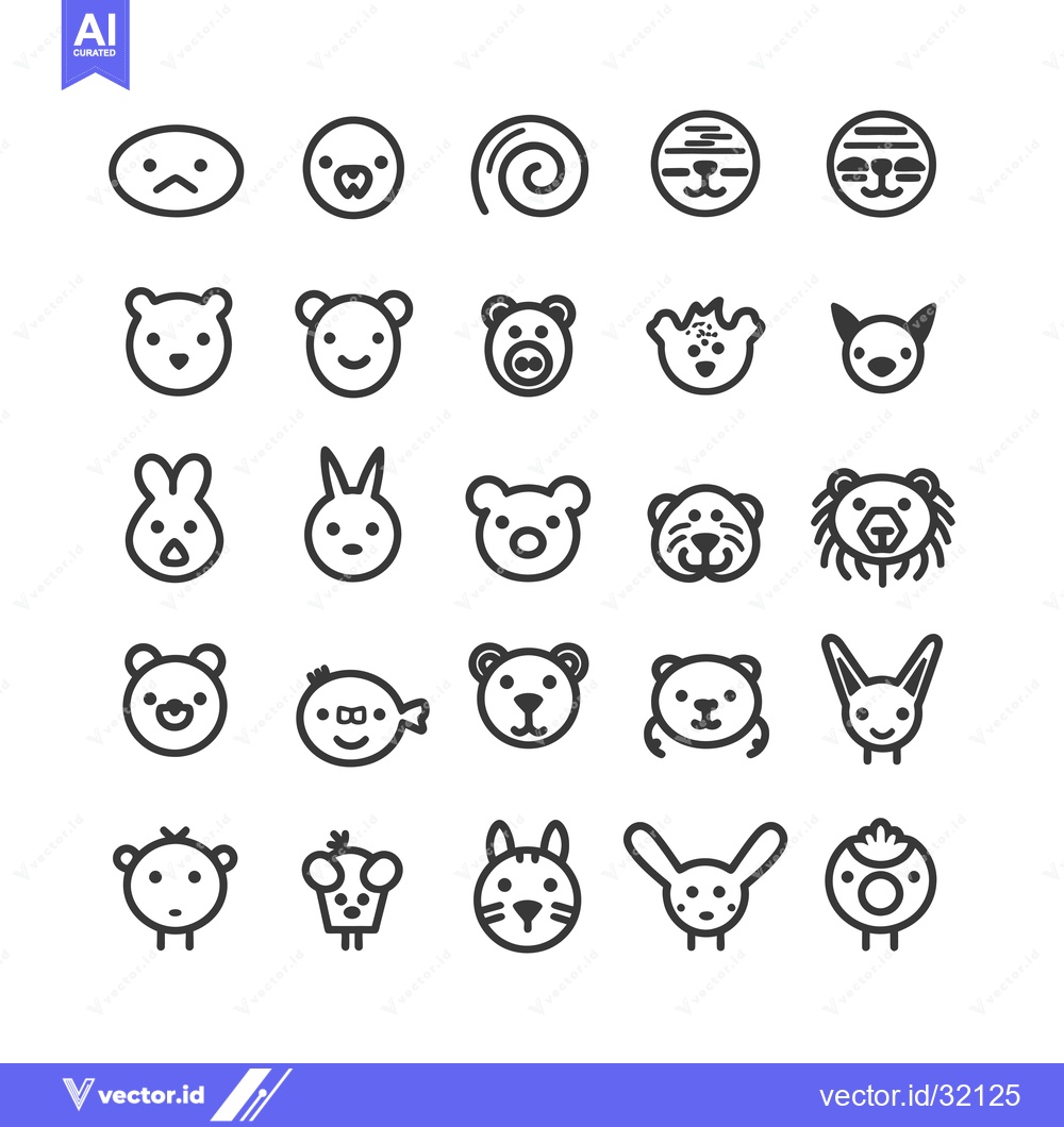 Premium Vector dari Collection of 25 Cartoon Animal Faces in Outline Style