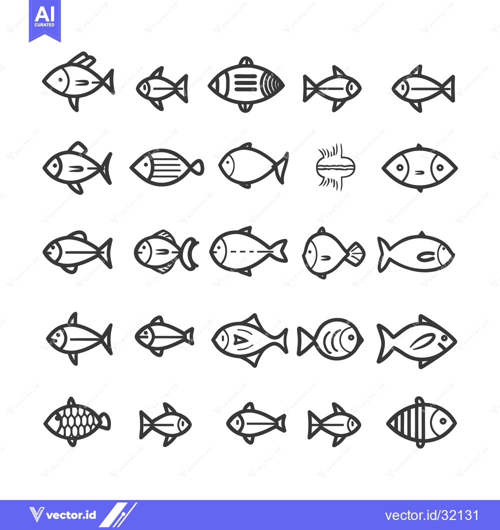 Premium Vector dari Collection of 25 Different Fish Outline Icons