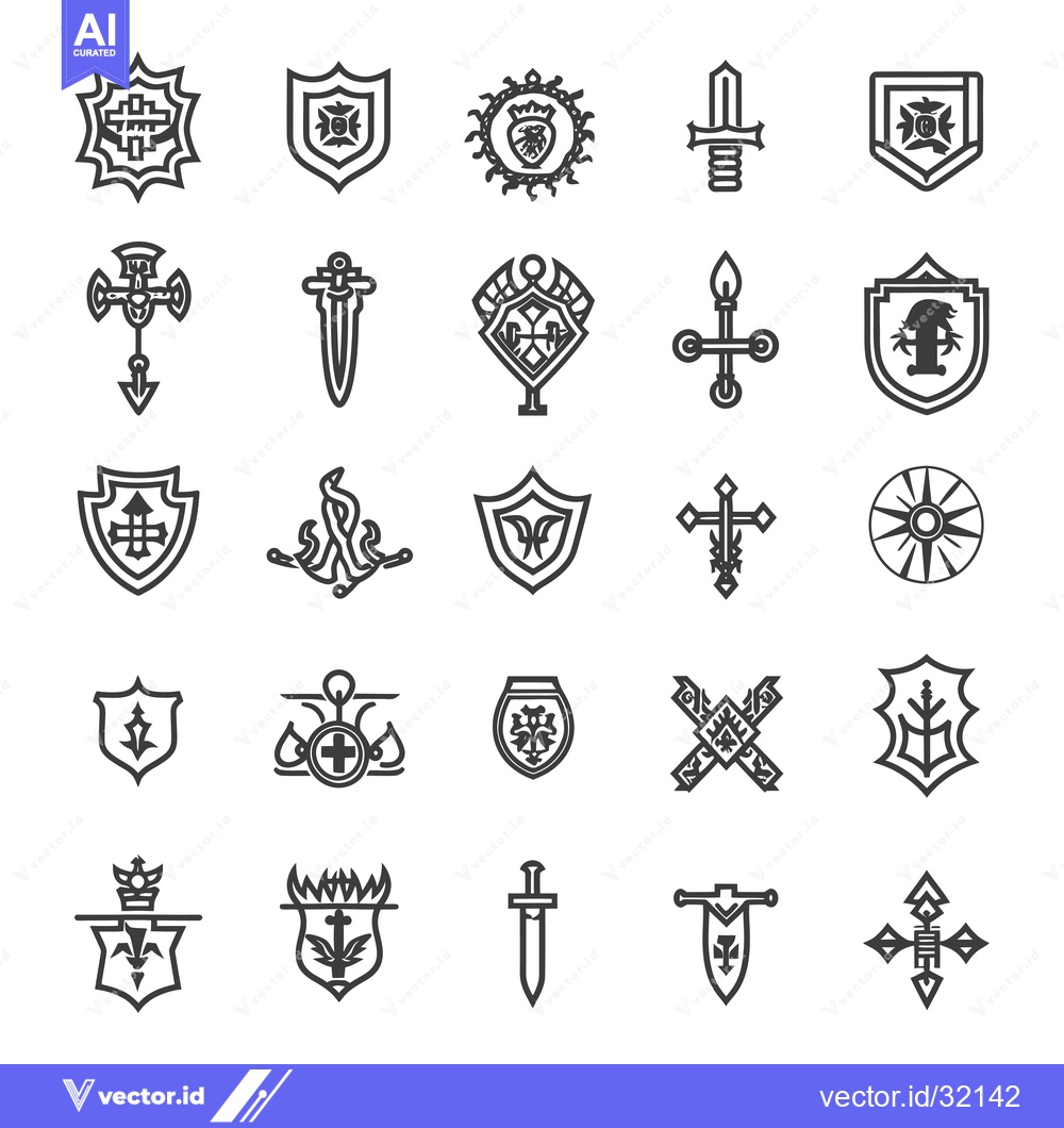 Premium Vector dari Collection of 25 Heraldic and Medieval Symbols with Swords, Shields, a